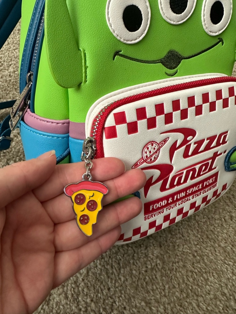 Loungefly Pixar Alien Pizza Planet Mini Backpack - Green/Blue/White/Red - Picture 5 of 10